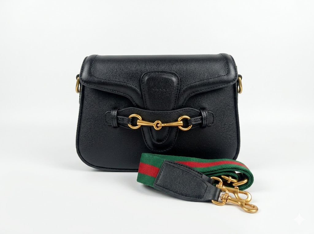 G -Black Smooth Calfskin Leather Medium Lady Web Shoulder Bag